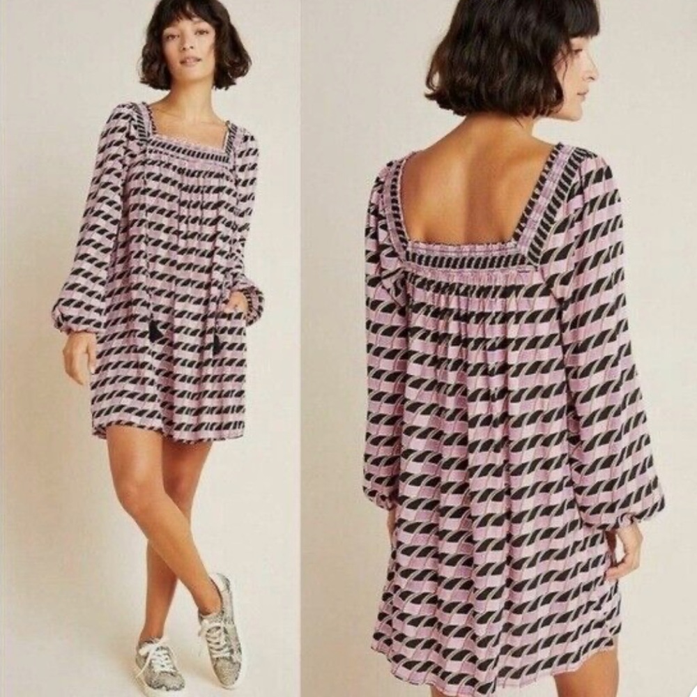 Maeve Pink and Black Long Sleeve Square-Neck Mini Dress